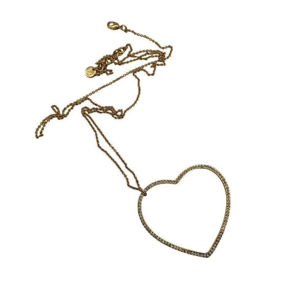 Gold Tone Open Heart Pendant Necklace Rhinestone Accents Adjustable Chain 30 inc